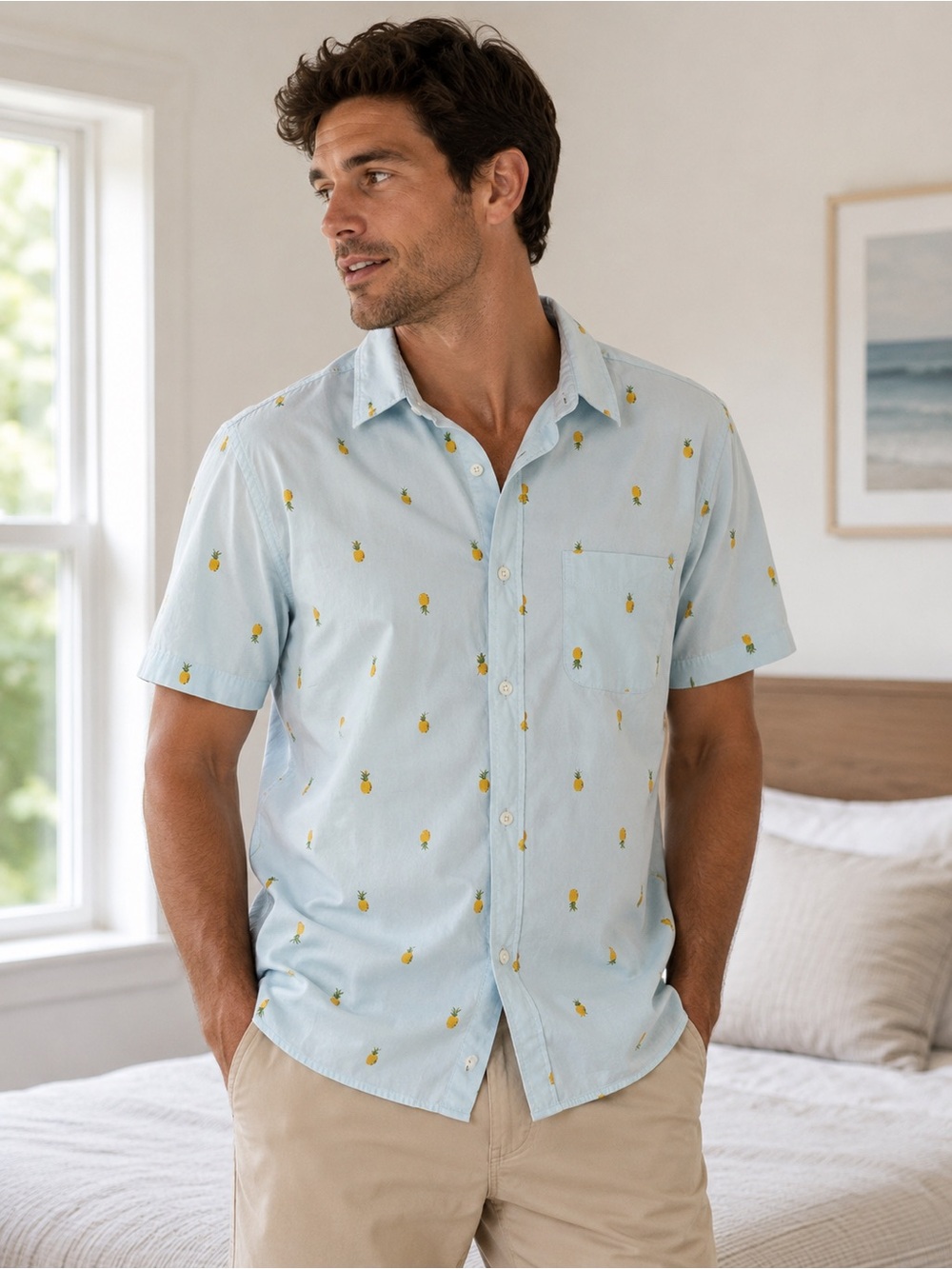Old Navy Men's Light Blue Pineapple Short Sleeve Button-Front Shirt